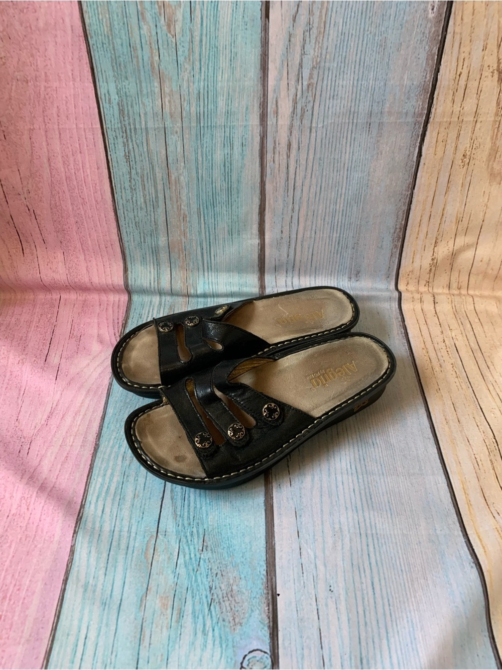 Alegria Black Women's Slide Sandals with Decorative Buttons - Picture 5 of 10